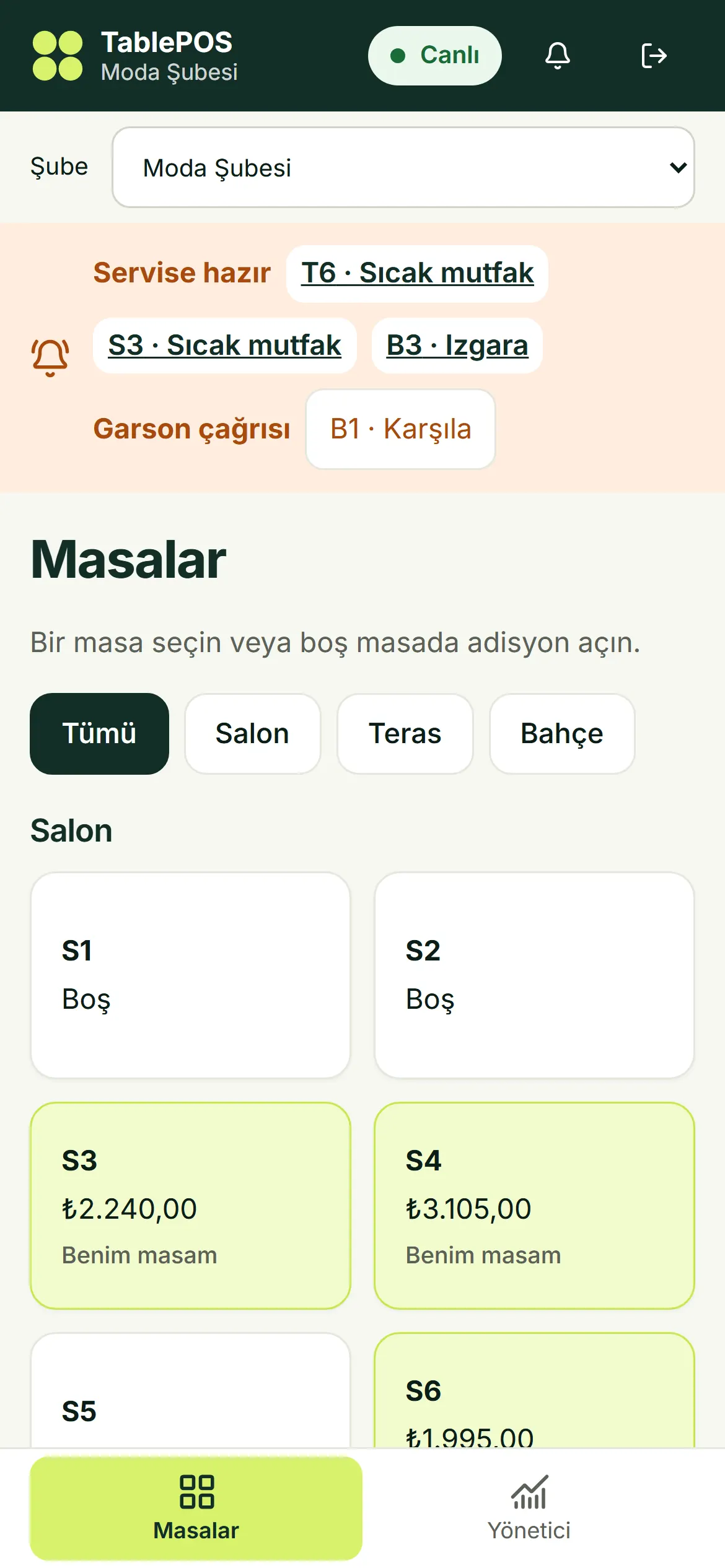 Garson uygulamasında masalar ve açık hesaplar