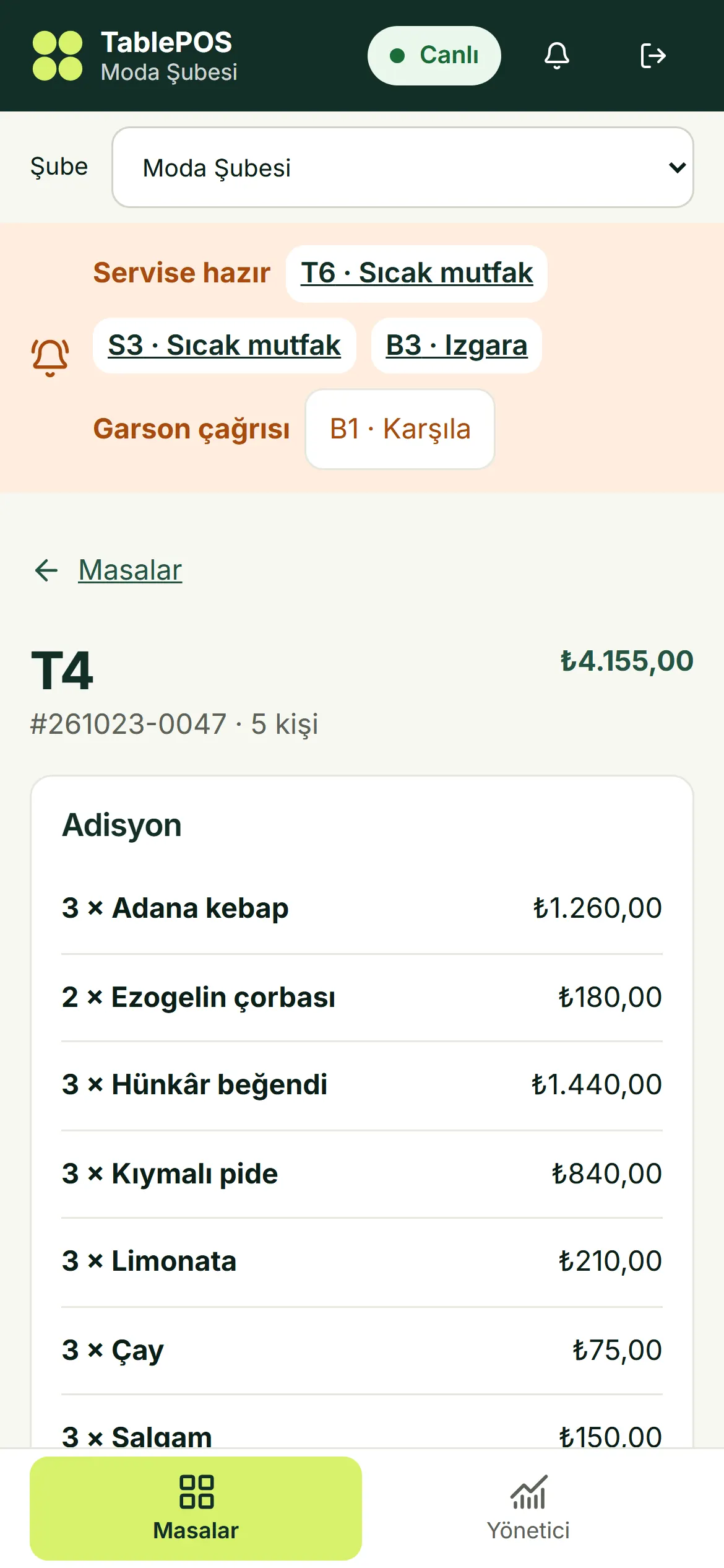 Garson uygulamasında masa T4'ün adisyonu ve servise hazır yemekler
