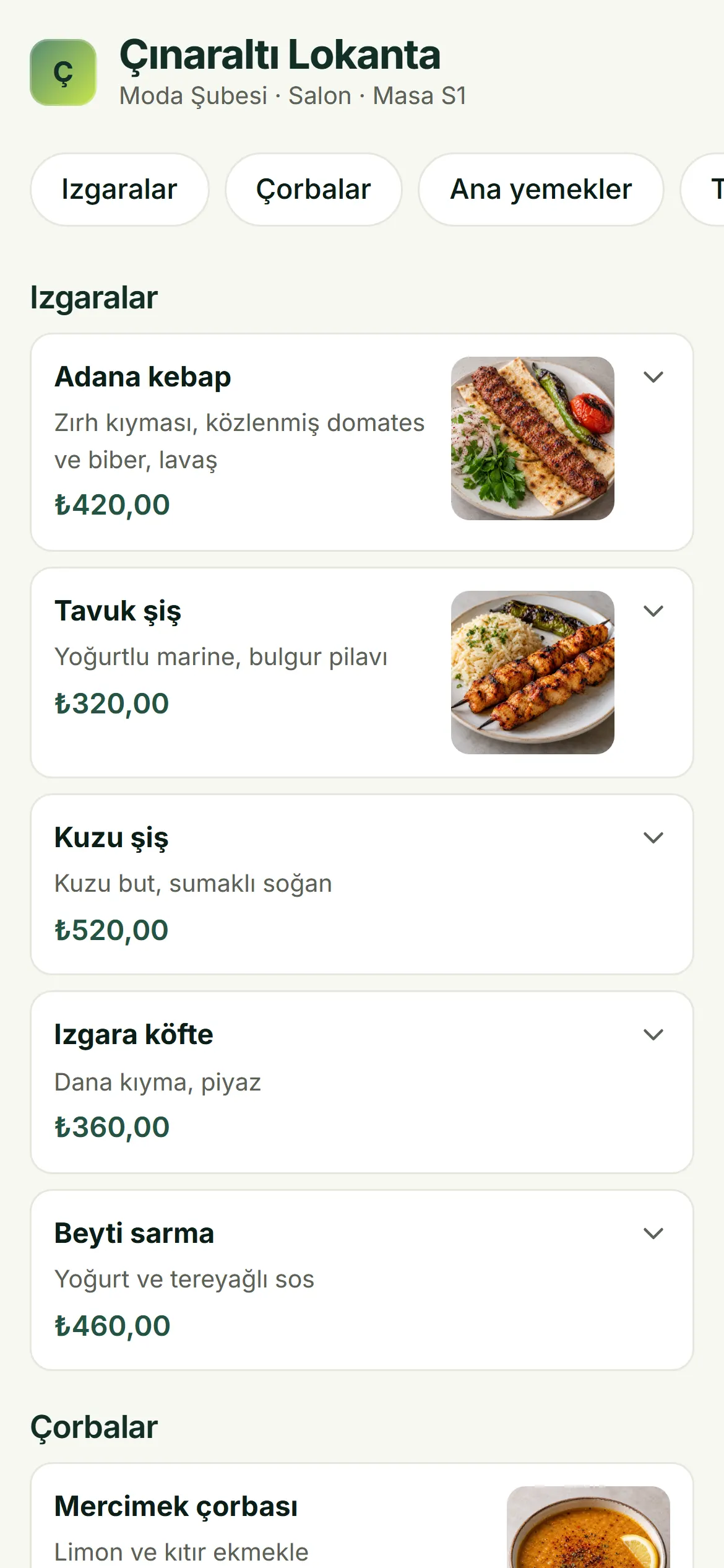 Misafirin telefonunda açılan fotoğraflı QR menü